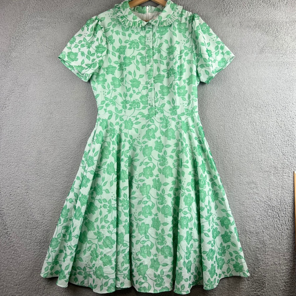 Ivy City Co Remi Green White Floral Ruffle Collar Puff Sleeve Midi Dress Pockets